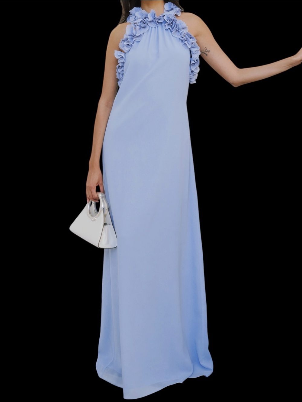 Few Moda o.p.t. Marie Dress Ruffle Neckline Chiffon Periwinkle Dusty Blue NWT